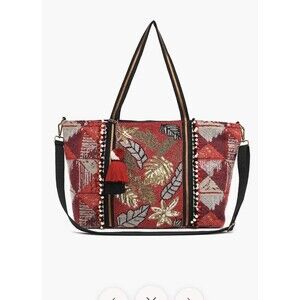 American And Beyond EMBELLISHED TOTE WITH POUCH  RED FLORAL Boho Beaded Duffle